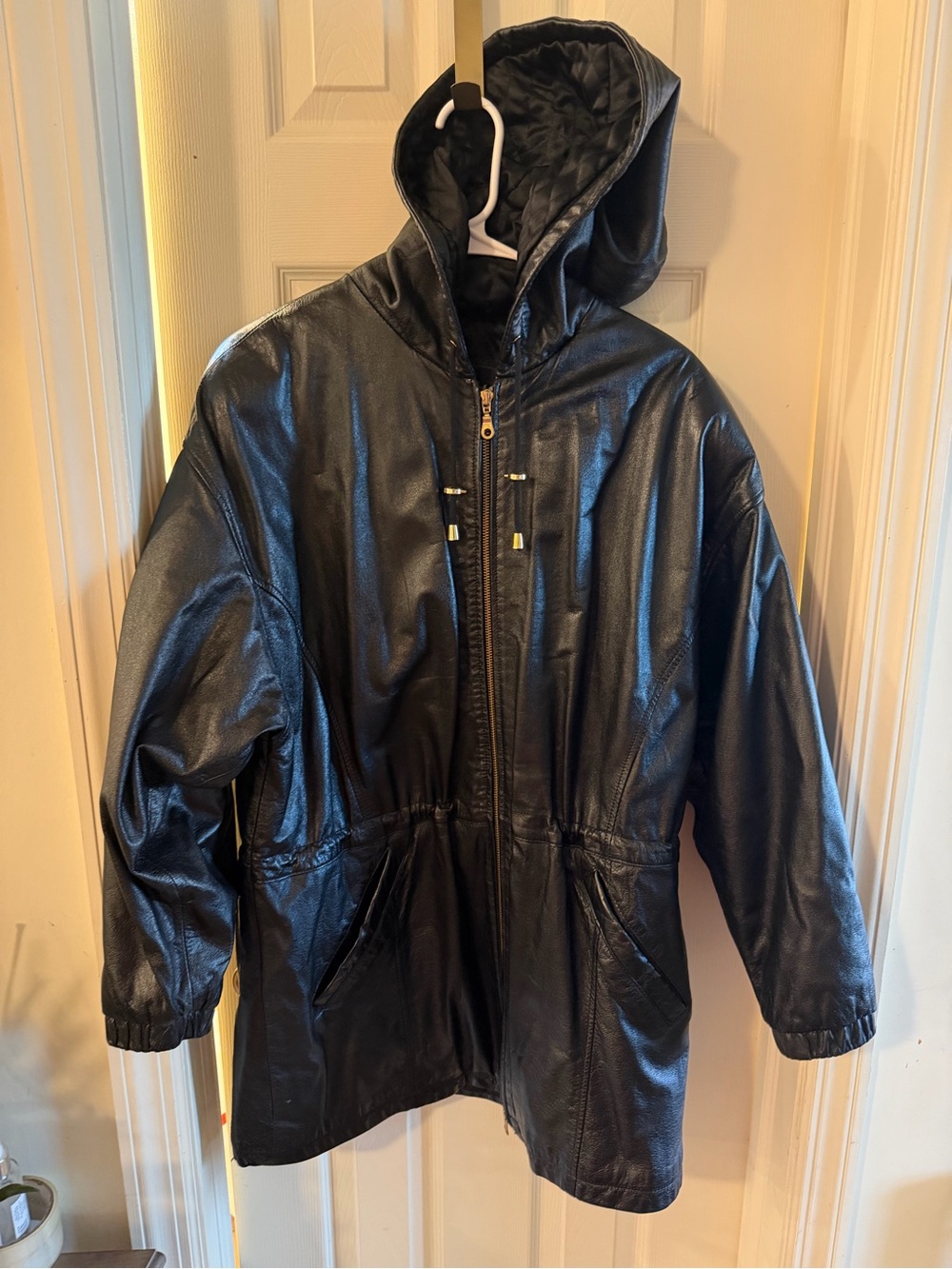 VINTAGE WILSONS LEATHER BLACK HOODED COAT PARKA CINCH WAIST JACKET LIKE NEW VIRA